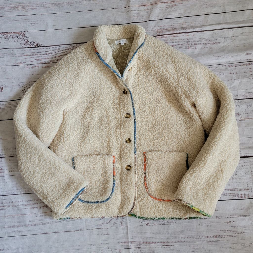 Mable Cream Sherpa Quilted Color Trimmed Jacket Button Up Womens Large